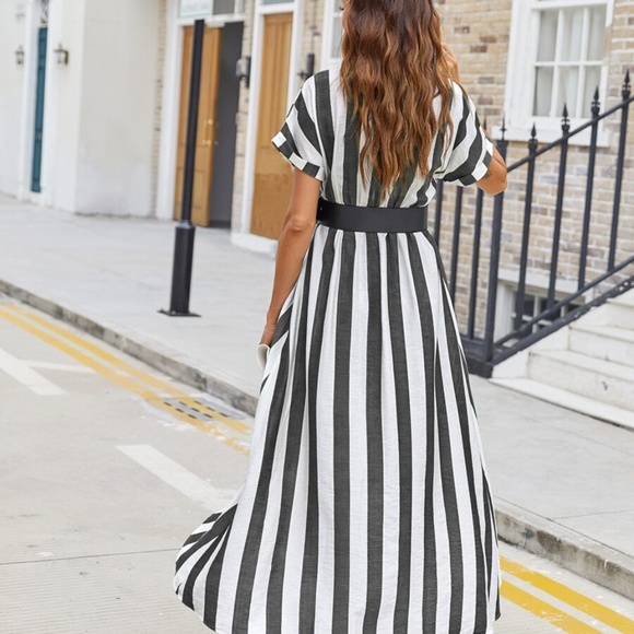 V neck striped color block tulip hem maxi Dress - Picture 9 of 10